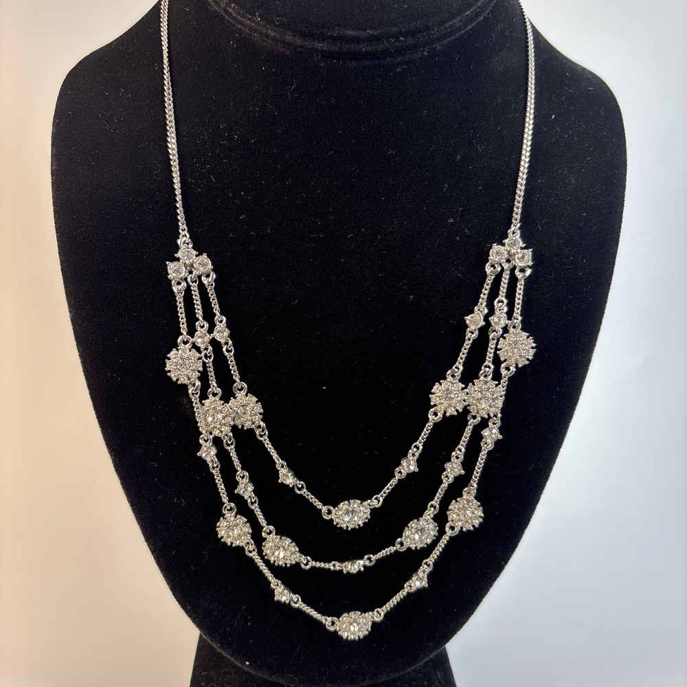 Necklace Rhinestones Multi Strand Delicate Bib Style Givenchy Silver Tone 90s